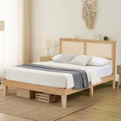 Rattan Bed Frame Full With Natural Rattan Headboard,Bohemian Rattan Full Size Bed Frame With LED Lights, With Silent Slats,No Box Spring Needed (Full) -Garvee Sales GUEST 7297a553 7892 43c6 b35a 55f3c35b316a