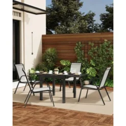 4 Set Of Patio Stackable Chairs, Outdoor Stacking Dining Chairs, Leisure Recliner For Pools, Deck, Backyard, Grey Textile Metal Frame With Armrests 9 4 Set Of Patio Stackable Chairs, Outdoor Stacking Dining Chairs, Leisure Recliner For Pools, Deck, Backyard, Grey Textile Metal Frame With Armrests -Garvee Sales GUEST 72c8da1f 5bb8 499e b59d fc302b09914d