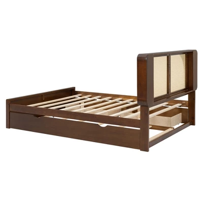 Queen Size Bed Frame With Trundle, Wood Platform Bed With Rattan Headboard & 2 Drawers, Wooden Slats Support, No Box Spring Required 7 Queen Size Bed Frame With Trundle, Wood Platform Bed With Rattan Headboard & 2 Drawers, Wooden Slats Support, No Box Spring Required - Image 7