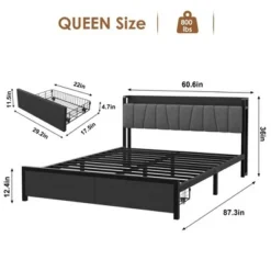 Garvee Queen Size Bed Frame With Storage Headboard, Industrial Queen Platform With 2 Drawers And Charging Station, Black No Box Spring Needed Bedframe