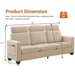 3 Seat Sofa Couch, 89'' Chenille Fabric Upholstered Sofa With Wide Armrest And Removable Headrest, Comfy Couches With Side Storage Pockets