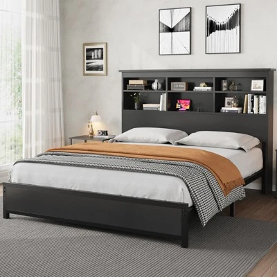 Queen Size Bed Frame With Bookcase Headboard, Queen Platform Bed With 2-tier Storage & Charging Station, No Box Spring Needed Easy Assemble,Black 6 Queen Size Bed Frame With Bookcase Headboard, Queen Platform Bed With 2-tier Storage & Charging Station, No Box Spring Needed Easy Assemble,Black - Image 6