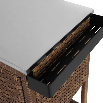 Outdoor Wicker Bar Cart, Patio Wine Serving Cart With Stainless Steel Top, Beverage Bar Prep Table With Storage & Wheel For Backyard Poolside Brown 6 Outdoor Wicker Bar Cart, Patio Wine Serving Cart With Stainless Steel Top, Beverage Bar Prep Table With Storage & Wheel For Backyard Poolside Brown - Image 6