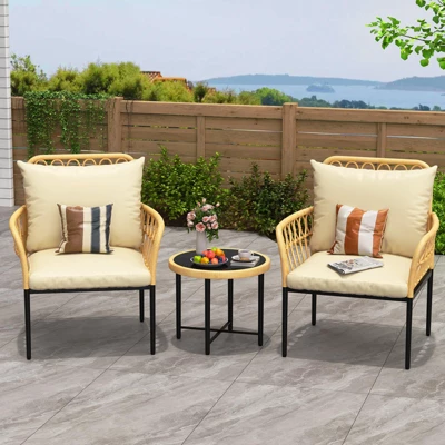3-Piece Bistro Patio Set, All-Weather Wicker Conversation Set With Cushions & Coffee Table For Garden, Balcony, Deck, Or Poolside ¨C Beige 7 3-Piece Bistro Patio Set, All-Weather Wicker Conversation Set With Cushions & Coffee Table For Garden, Balcony, Deck, Or Poolside ¨C Beige - Image 7