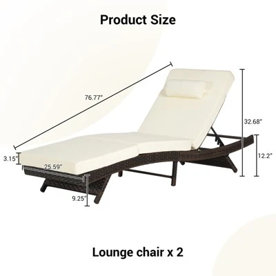 Outdoor Chaise Lounge Chair Set Of 2, Wicker Reclining Lounge With Adjustable Backrest & Cushion, Sunbathing Chair For Patio Pool Garden 2 Outdoor Chaise Lounge Chair Set Of 2, Wicker Reclining Lounge With Adjustable Backrest & Cushion, Sunbathing Chair For Patio Pool Garden - Image 2