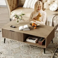 Garvee Fluted Coffee Table With Storage, Mid Century Dining Table With Sliding Door Panel And Wood Legs, Small Coffee Tables For Living Room -Garvee Sales GUEST 74cc43f8 4bd5 44b1 a067 e40a66115bd3