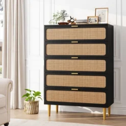 Garvee Rattan 5 Drawer Dresser For Bedroom, Tall Chest With Wide Top And Deep Storage Drawers For Living Room, Hallway, Kids Room -Garvee Sales GUEST 74e8bb77 eed3 4174 b9e9 272b7abb99ad