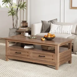 Farmhouse Coffee Table With Drawers, 47.2" Center Table Rustic Coffee Tables White Brown Living Room Table