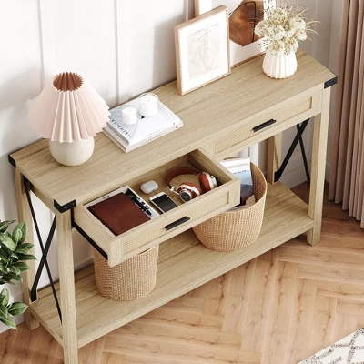 Farmhouse Sofa Table - Console Table With Rattan Drawers 2 Farmhouse Sofa Table - Console Table With Rattan Drawers - Image 2
