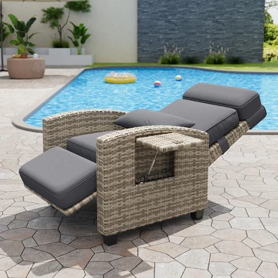 Garvee Rattan Recliner Chair - Adjustable Backrest/Footrest, 150¡ã Lay Flat W/Flip-Up Table & Removable Cushion, Outdoor Patio Chair 2 Garvee Rattan Recliner Chair - Adjustable Backrest/Footrest, 150¡ã Lay Flat W/Flip-Up Table & Removable Cushion, Outdoor Patio Chair - Image 2