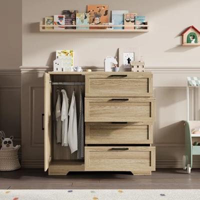 Garvee 43.3'' H Armoire Wardrobe Closet With 4 Drawers And 2 Doors, Hanging Rod, Multifunctional Wooden Dresser With Storage Closet 3 Garvee 43.3'' H Armoire Wardrobe Closet With 4 Drawers And 2 Doors, Hanging Rod, Multifunctional Wooden Dresser With Storage Closet - Image 3