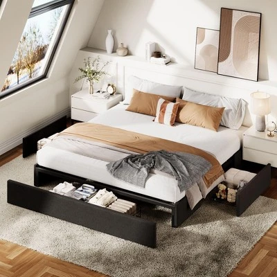 Full Size Platform Bed Frame With Storage - Grey Fabric Upholstered, 3 Drawers, Noise-Free Wood Slats Support, No Box Spring Needed, Easy Assembly 10 Full Size Platform Bed Frame With Storage - Grey Fabric Upholstered, 3 Drawers, Noise-Free Wood Slats Support, No Box Spring Needed, Easy Assembly - Image 10