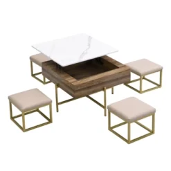 Lift Top Coffee Table With Hidden Storage, Modern Square Center Table With 4 Ottomans, Wood Cocktail Table Center Table For Living Room White -Garvee Sales GUEST 779ec1df 5b78 4140 ac6a f597ea0ea211
