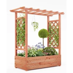 Raised Garden Bed With Trellis, Wood Planter Box With Side Trellis, Hanging Roof, And Drainage Holes, For Climbing Plants, Vines, Flowers