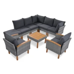 Outdoor Patio Rattan Sectional Sofa With Wooden Legs Tabletop, Upholstered Patio Sofa Set, All Weather Wicker Rattan Furniture, Gray