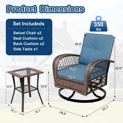 3 Pieces Patio Wicker Glider Chairs, Outdoor Swivel Rockers Patio Chairs Set Of 2 With Thickened Cushions And Glass Coffee Table 1 3 Pieces Patio Wicker Glider Chairs, Outdoor Swivel Rockers Patio Chairs Set Of 2 With Thickened Cushions And Glass Coffee Table