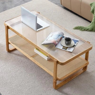 Modern Rattan Coffee Table,Rectangular Center Table With Tempered Glass Tabletop,2 Tier Wood Tea Table For Living Room Office Bedroom 9 Modern Rattan Coffee Table,Rectangular Center Table With Tempered Glass Tabletop,2 Tier Wood Tea Table For Living Room Office Bedroom - Image 9