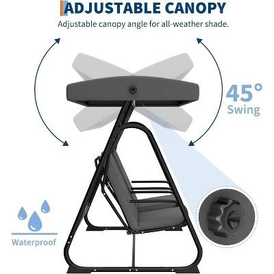 2-Person Outdoor Patio Swing Chair – Adjustable Canopy, Removable Cushions & Heavy-Duty Steel Frame (Dark Grey) 4 2-Person Outdoor Patio Swing Chair – Adjustable Canopy, Removable Cushions & Heavy-Duty Steel Frame (Dark Grey) - Image 4