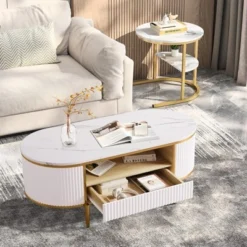 Modern Luxury Fluted Coffee Table, 48" Coffee Table With Storage Drawer, Oval Coffee Table With Golden Legs, Faux Marble Top -Garvee Sales GUEST 794573df a6bb 43da a395 1f4638453b9d