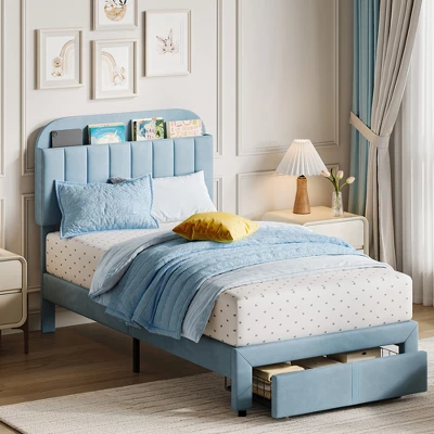 Garvee Twin Bed Frame With Drawer, Velvet Upholstered Platform Bed Frame With Storage Headboard, No Box Spring Needed, Easy Assembly 1 Garvee Twin Bed Frame With Drawer, Velvet Upholstered Platform Bed Frame With Storage Headboard, No Box Spring Needed, Easy Assembly