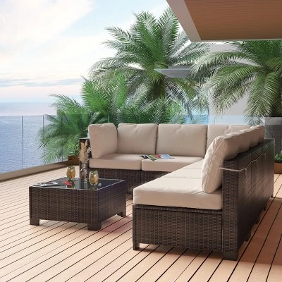 Whizmax 7-Piece Modular Patio Set - PE Rattan Sectional Sofa With Thick Cushions & Glass Coffee Table, Outdoor Furniture For Garden, Balcony, Porch 7 Whizmax 7-Piece Modular Patio Set - PE Rattan Sectional Sofa With Thick Cushions & Glass Coffee Table, Outdoor Furniture For Garden, Balcony, Porch - Image 7