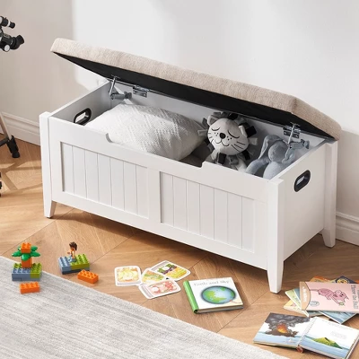 Whizmax Storage Chest, Upholstered Storage Trunk With 2 Safety Hinges, Storage Bench, Flip-Top Toy Chest For Entryway, Bedroom, Living Room, White 9 Whizmax Storage Chest, Upholstered Storage Trunk With 2 Safety Hinges, Storage Bench, Flip-Top Toy Chest For Entryway, Bedroom, Living Room, White - Image 9