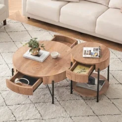 Round Coffee Table, Farmhouse Circle Center Table With 2 Storage Drawers, Wood Living Room Table 11 Round Coffee Table, Farmhouse Circle Center Table With 2 Storage Drawers, Wood Living Room Table -Garvee Sales GUEST 7bc65084 e0cd 4b9e bf05 220d4baced31 1