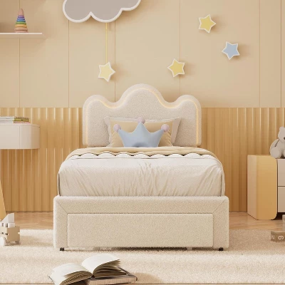 Twin/Full/Queen Size Princess Bed Frame With LED Headboard & Storage Drawers, Adjustable Boucle Platform Bed For Girls, No Box Spring Needed 1 Twin/Full/Queen Size Princess Bed Frame With LED Headboard & Storage Drawers, Adjustable Boucle Platform Bed For Girls, No Box Spring Needed