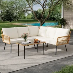 4-Piece Outdoor Wicker L-Shaped Patio Sofa Set With Cushions & Glass Coffee Table, Boho Sectional Set For Backyard, Garden, Or Poolside ¨C Beige -Garvee Sales GUEST 7c68705d f16f 4d48 ac70 526d85845192