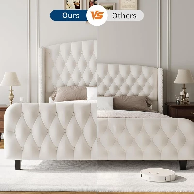 51" Tall Queen/King Size Velvet Upholstered Platform Bed Frame With Button Tufted Wingback Headboard & Footboard, No Box Spring Needed 5 51" Tall Queen/King Size Velvet Upholstered Platform Bed Frame With Button Tufted Wingback Headboard & Footboard, No Box Spring Needed - Image 5