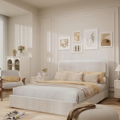 Bed Frame, Boucle Upholstered Bed Frame With Headboard, 2 Storage Drawers, Modern Twin Platform Bed Frame, Beige Soft Bed Frame 2 Bed Frame, Boucle Upholstered Bed Frame With Headboard, 2 Storage Drawers, Modern Twin Platform Bed Frame, Beige Soft Bed Frame - Image 2