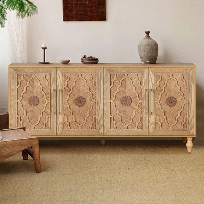 Sideboard Buffet, Wood Floor Cabinet With Carved Flower Door, Metal Handle, Freestanding Sideboard 8 Sideboard Buffet, Wood Floor Cabinet With Carved Flower Door, Metal Handle, Freestanding Sideboard - Image 8