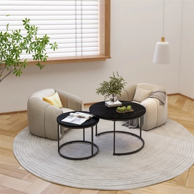 Nesting Coffee Table Set Of 2, 27.6inch Round Coffee Table Wood Marble Pattern Top With Sturdy Metal Frame, End Table Side Tables 1 Nesting Coffee Table Set Of 2, 27.6inch Round Coffee Table Wood Marble Pattern Top With Sturdy Metal Frame, End Table Side Tables