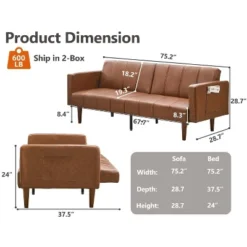 75" Futon Sofa Bed, Mid-Century Modern Futon Couch, Convertible Sleeper Sofa With Adjustable Backrest, Loveseat With Side Pockets, PU Leather, Brown -Garvee Sales GUEST 7d0e1ff5 83ef 4954 a546 65299d4bc5e9