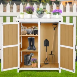 Potting Bench Outdoor Cabinet With Metal Tabletop, Workbenches With Adjustable Shelf, Wooden Storage Cabinets Waterproof For Garden Patio Lawn