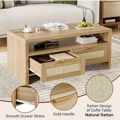 Garvee Rattan Coffee Table With 2 Drawers, Wooden Coffee Table With Open Storage, Oak 3 Garvee Rattan Coffee Table With 2 Drawers, Wooden Coffee Table With Open Storage, Oak - Image 3