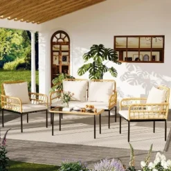4-Piece Outdoor Patio Furniture Set, All-Weather PE Rattan Wicker Loveseat & Chairs With Glass Coffee Table & Steel Frame, Boho Conversation Set 12 4-Piece Outdoor Patio Furniture Set, All-Weather PE Rattan Wicker Loveseat & Chairs With Glass Coffee Table & Steel Frame, Boho Conversation Set -Garvee Sales GUEST 7d2a939d 2005 4537 948e b906a5603edb