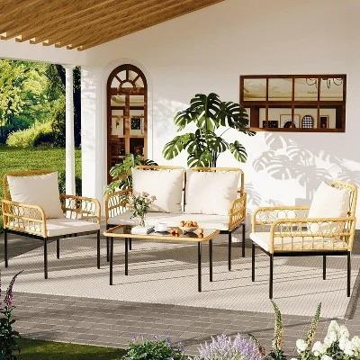 4-Piece Outdoor Patio Furniture Set, All-Weather PE Rattan Wicker Loveseat & Chairs With Glass Coffee Table & Steel Frame, Boho Conversation Set 5 4-Piece Outdoor Patio Furniture Set, All-Weather PE Rattan Wicker Loveseat & Chairs With Glass Coffee Table & Steel Frame, Boho Conversation Set - Image 5