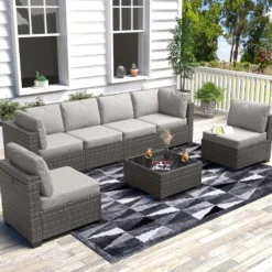 Whizmax 7-Piece Modular Patio Set - PE Rattan Sectional Sofa With Thick Cushions & Glass Coffee Table, Outdoor Furniture For Garden, Balcony, Porch 22 Whizmax 7-Piece Modular Patio Set - PE Rattan Sectional Sofa With Thick Cushions & Glass Coffee Table, Outdoor Furniture For Garden, Balcony, Porch -Garvee Sales GUEST 7d8bb16a 6cce 4317 a152 50fb57d8e1fe