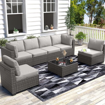 Whizmax 7-Piece Modular Patio Set - PE Rattan Sectional Sofa With Thick Cushions & Glass Coffee Table, Outdoor Furniture For Garden, Balcony, Porch 11 Whizmax 7-Piece Modular Patio Set - PE Rattan Sectional Sofa With Thick Cushions & Glass Coffee Table, Outdoor Furniture For Garden, Balcony, Porch - Image 11