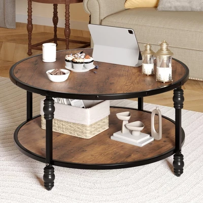 2-Tier Round Wood Coffee Table With Storage Shelf & Roman Column Metal Frame – Rustic Circle Center Table 1 2-Tier Round Wood Coffee Table With Storage Shelf & Roman Column Metal Frame – Rustic Circle Center Table
