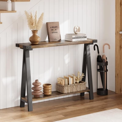 Farmhouse Entryway Table, Narrow Sofa Table With Open Storage Shelf, Metal Frame Skinny Console Table With V-Shaped Leg Design 4 Farmhouse Entryway Table, Narrow Sofa Table With Open Storage Shelf, Metal Frame Skinny Console Table With V-Shaped Leg Design - Image 4