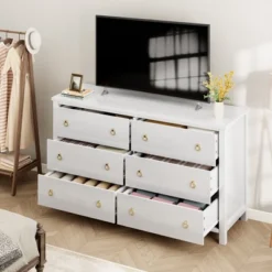 6-Drawer Dresser For Bedroom, White Modern Tall Chest Of Drawers - Storage Dresser With Anti-Tip Design, Robot Vacuum Friendly