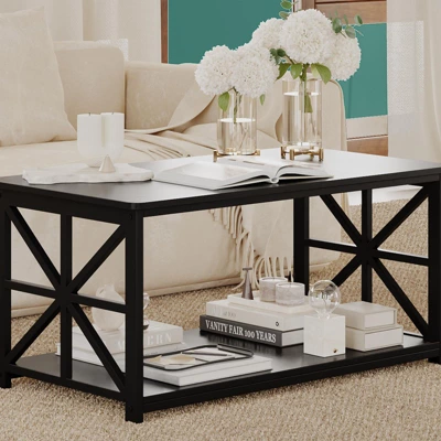 2-Tier Coffee Table For Small Spaces, X-Frame Living Room Low Coffee Table With Storage Shelf 3 2-Tier Coffee Table For Small Spaces, X-Frame Living Room Low Coffee Table With Storage Shelf - Image 3