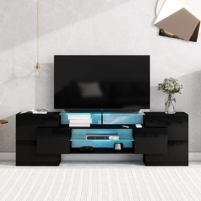 80" Modern TV Stand, Entertainment Center With 2 Illuminated Glass Shelves TV Cabinet For Living Room 2 80" Modern TV Stand, Entertainment Center With 2 Illuminated Glass Shelves TV Cabinet For Living Room - Image 2