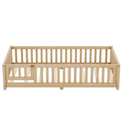Twin Size Toddler Floor Bed Frame With Safety Guardrails, Doors, Wood Slat Support Bed, Detachable Platform Bed For Kids Girls Boys Natural 3 Twin Size Toddler Floor Bed Frame With Safety Guardrails, Doors, Wood Slat Support Bed, Detachable Platform Bed For Kids Girls Boys Natural - Image 3