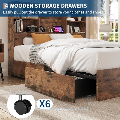 Full Size Bed Frame With High Storage Bookcase Headboard, Wood Bed Frame With 4 Storage Drawers, Built In Charging Station, Brown 3 Full Size Bed Frame With High Storage Bookcase Headboard, Wood Bed Frame With 4 Storage Drawers, Built In Charging Station, Brown - Image 3