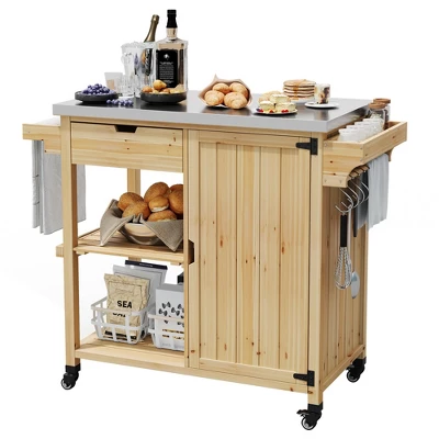 Outdoor Grill Cart, Solid Wood BBQ Cart Prep Table, Portable Rolling Kitchen Island With Stainless Steel Top, Drawer, & Open Shelves 8 Outdoor Grill Cart, Solid Wood BBQ Cart Prep Table, Portable Rolling Kitchen Island With Stainless Steel Top, Drawer, & Open Shelves - Image 8