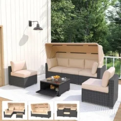 Whizmax 6 Pieces Outdoor Patio Sectional Sofa Couch, Brown PE Wicker Furniture Conversation Sets With Beige Cushions & Glass Coffee Table