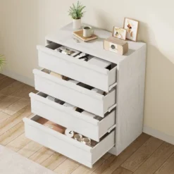 Garvee 4 Drawer Dresser For Bedroom, White Nightstand 4 Chest Of Drawers With Large Storage, Small Bedside Table For Living Room, Nursery, Entryway